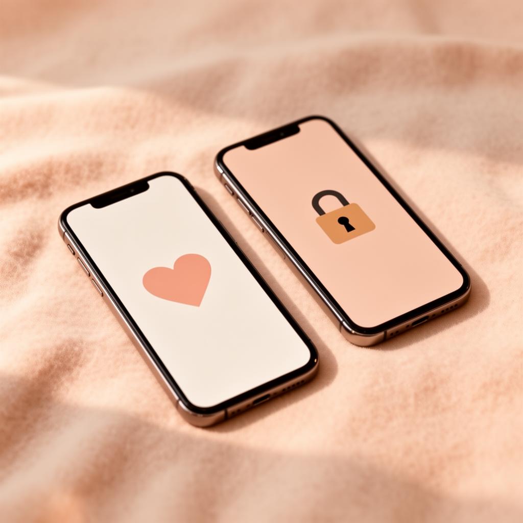Illustration éditoriale minimaliste : deux téléphones mobiles côte à côte sur une surface douce, l'un affichant un cœur, l'autre une icône de cadenas ouvert, évoquant la gratuité, la confiance et l'intimité partagée en couple