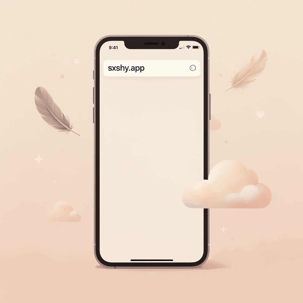 Smartphone sur fond pastel affichant la barre d'adresse d'un navigateur avec sxshy.app, entouré de plumes et nuages, symbole de discrétion et de légèreté