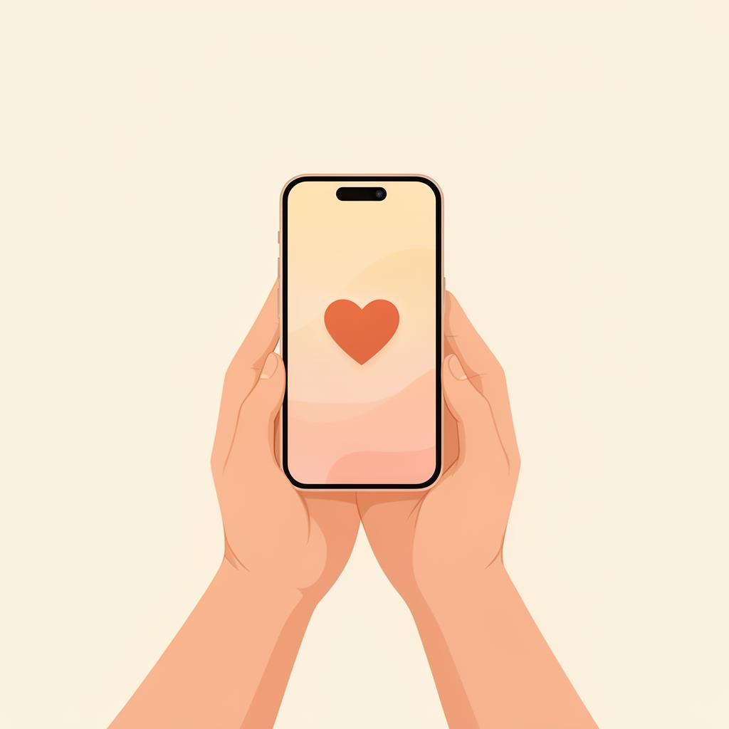 Illustration éditoriale minimaliste : un seul smartphone tenu par deux mains, écran affichant une interface douce avec un cœur, sur un fond chaleureux et texturé, évoquant le choix et la connexion en couple