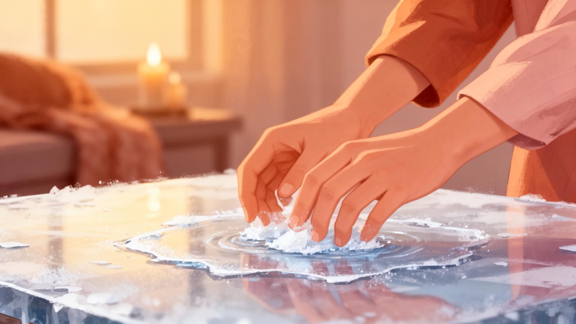 Deux mains brisant délicatement une fine couche de glace sur une table baignée d'une lumière chaude, métaphore d'une conversation intime qui s'ouvre dans un couple