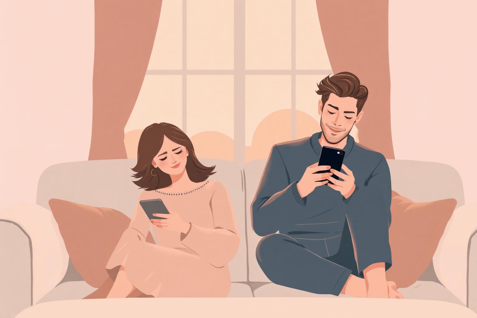 Couple complice sur un canapé dans une lumière chaude du soir, chacun avec son téléphone, illustrant une façon douce d'aborder ses désirs