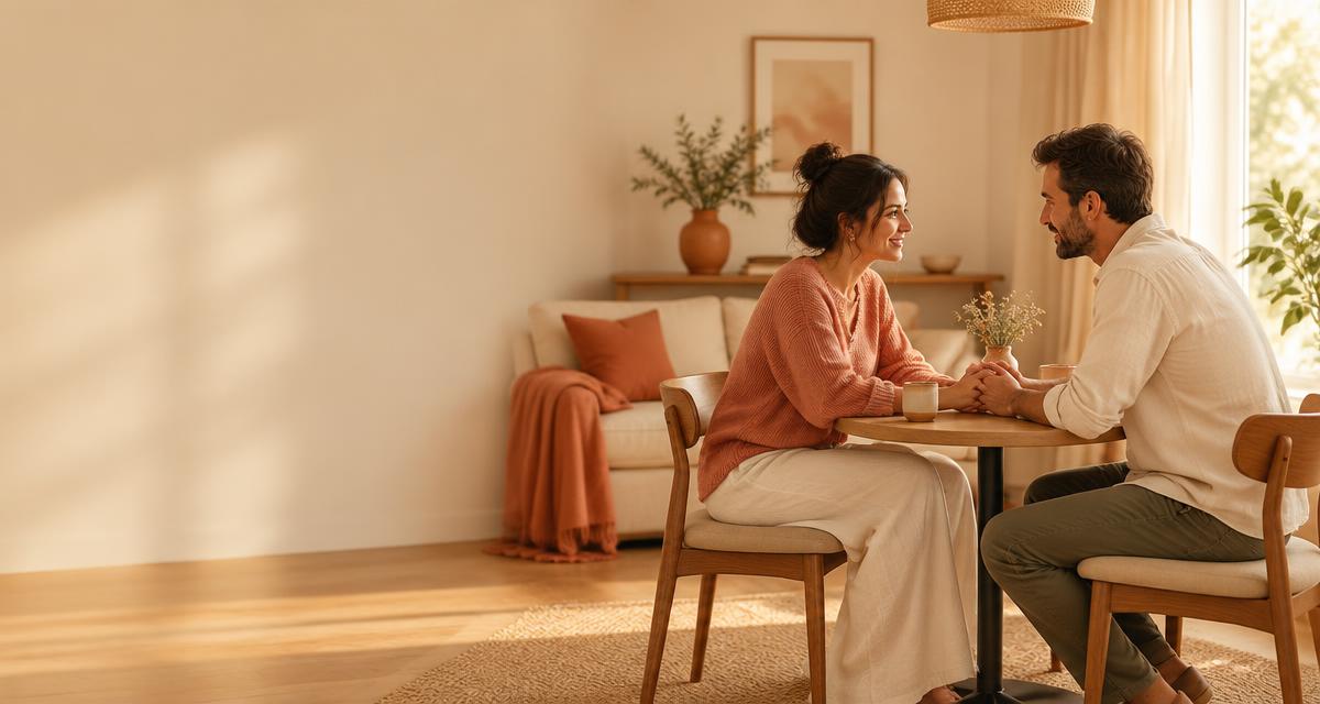 Un couple assis face à face à une petite table, mains jointes, en pleine conversation dans une lumière chaude aux tons corail et crème