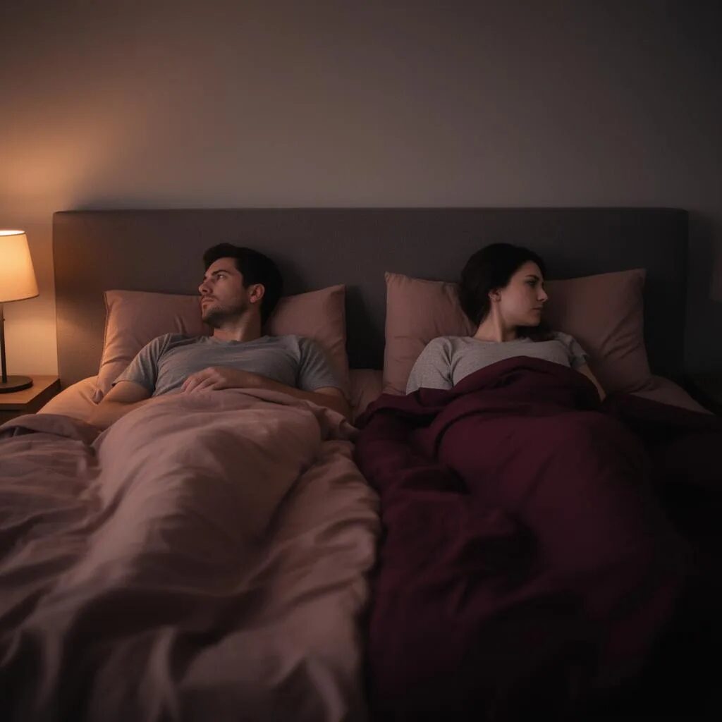 Couple allongé dans un lit, légèrement tourné de chaque côté, lumière tamisée évoquant le silence et la distance dans l'intimité