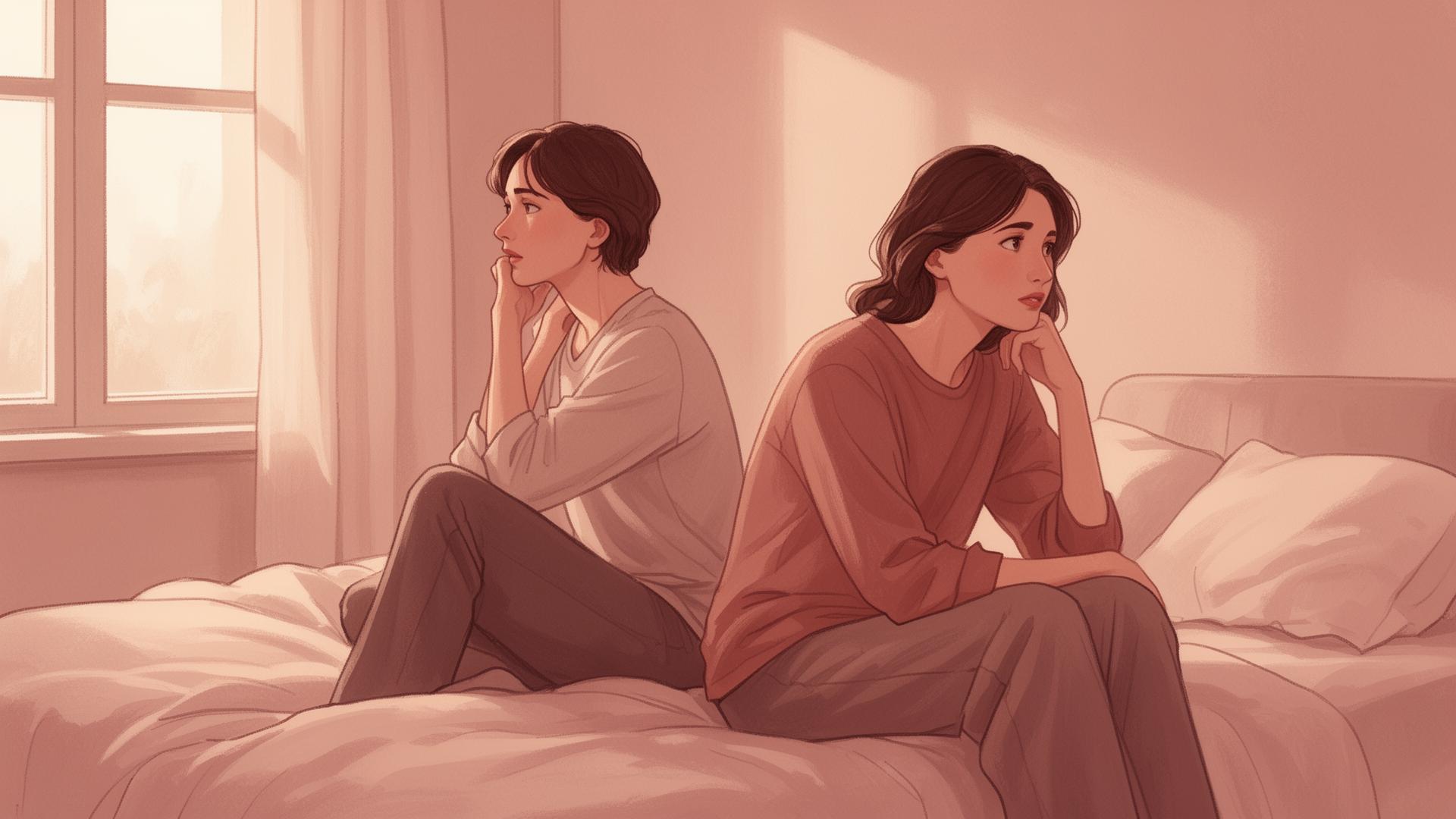 Couple assis sur un lit dans une lumière douce et chaude, chacun perdu dans ses pensées, illustrant les désirs qu'on n'ose pas exprimer