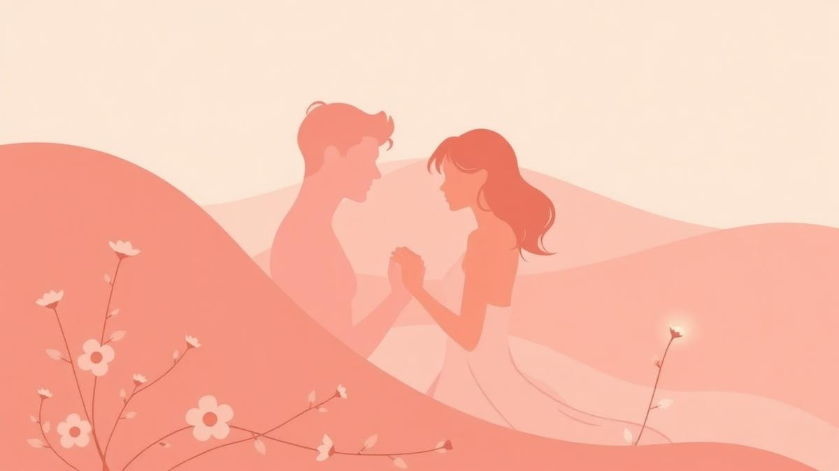 Illustration éditoriale minimaliste : deux silhouettes abstraites se rejoignent dans une ambiance douce et lumineuse, évoquant l'exploration intime et la connexion en couple
