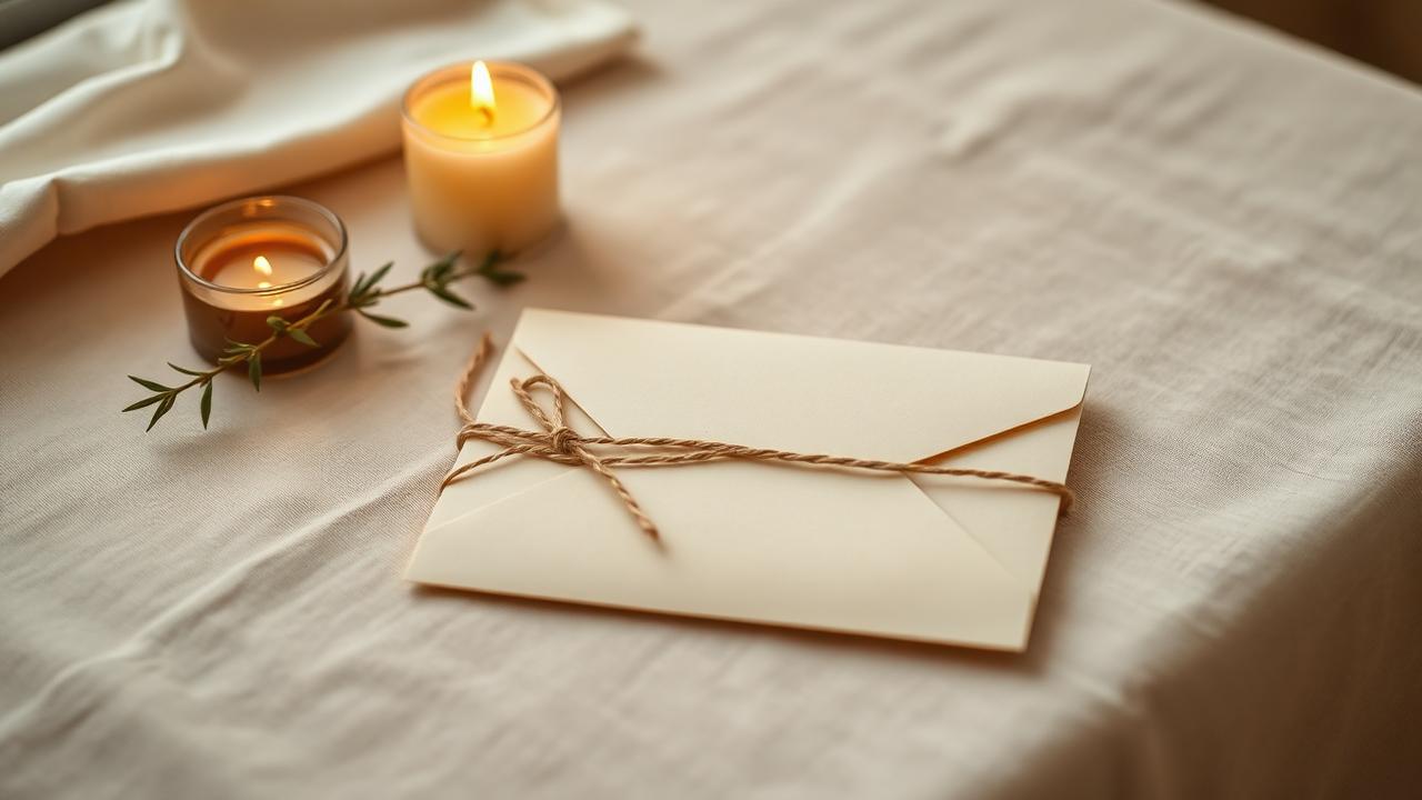Enveloppe crème posée sur une nappe en lin à côté d'une bougie allumée, ambiance intime et chaleureuse
