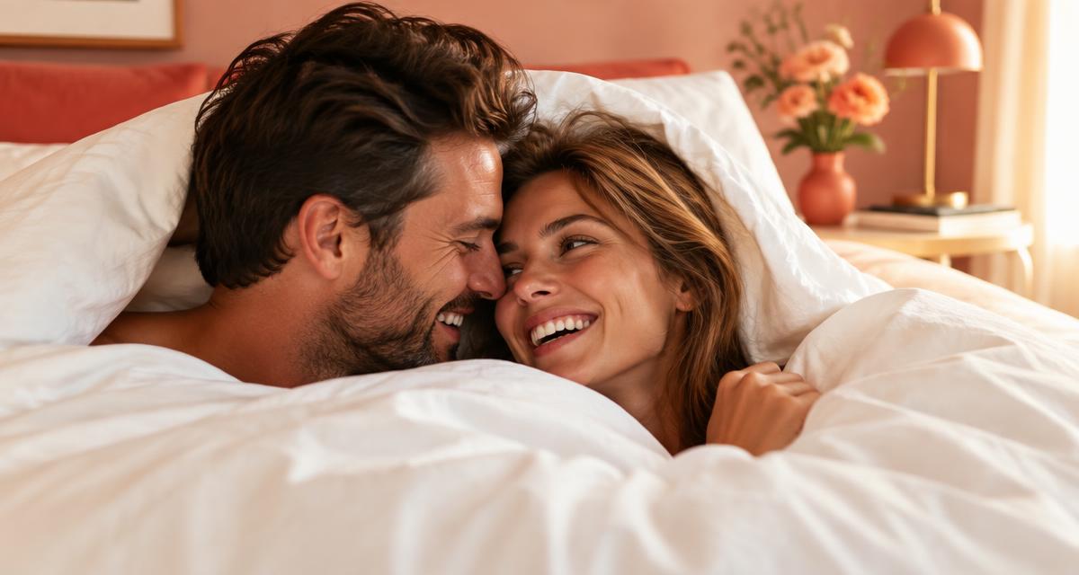 Un couple complice sous une couette, souriant, dans une lumière chaude et douce.