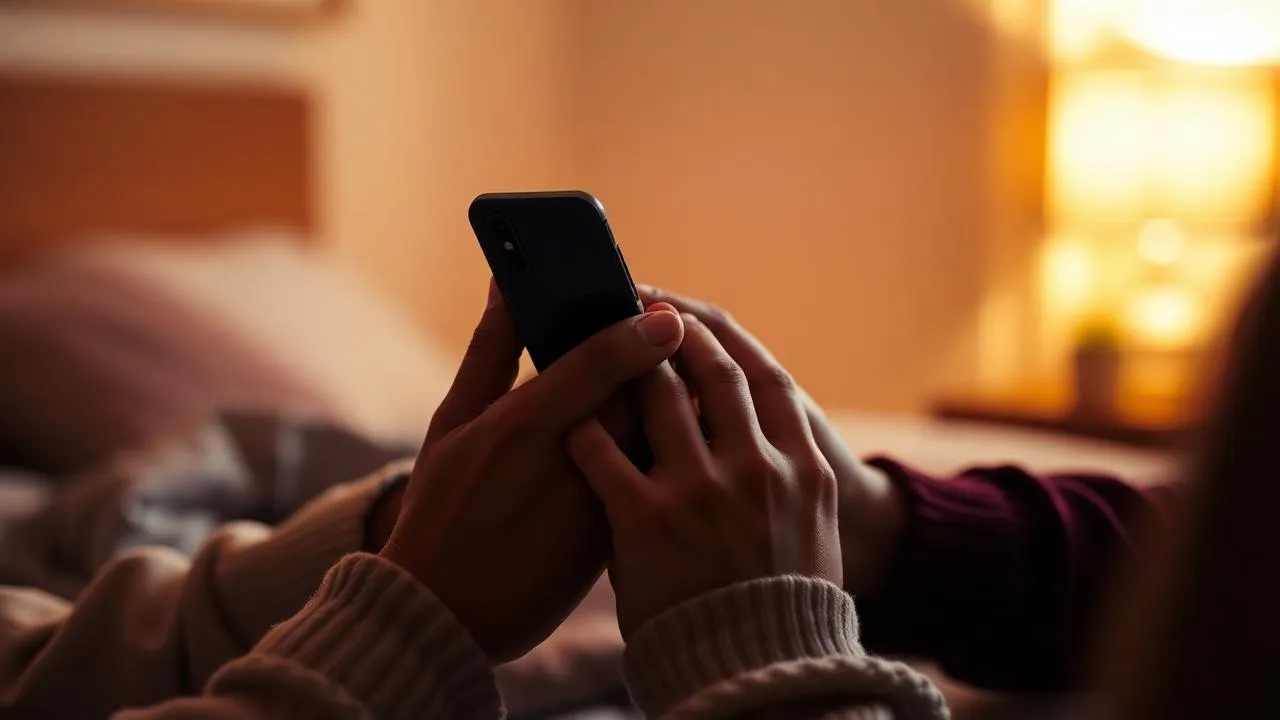 Mains d'un couple tenant un smartphone dans une ambiance chaleureuse et intime