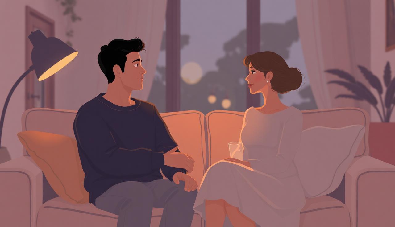 Couple assis sur un canapé le soir, lumière tamisée, en pleine conversation calme