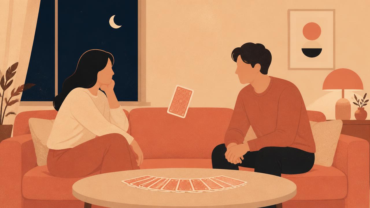Illustration de l'article : un couple face à un jeu de cartes coquin, une carte en suspens