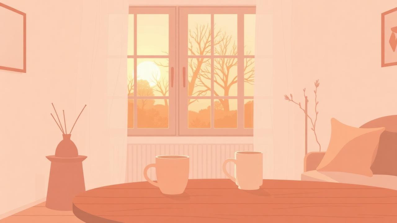 Salon chaleureux au crépuscule, deux tasses sur une table en bois, lumière douce