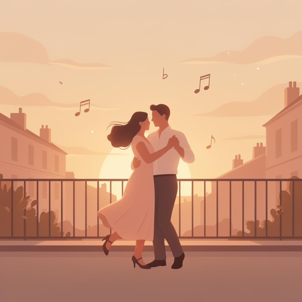 Illustration éditoriale minimaliste : un couple danse dans la lumière dorée d'un soir d'été, avec des notes de musique qui flottent dans l'air, ambiance chaude et romantique