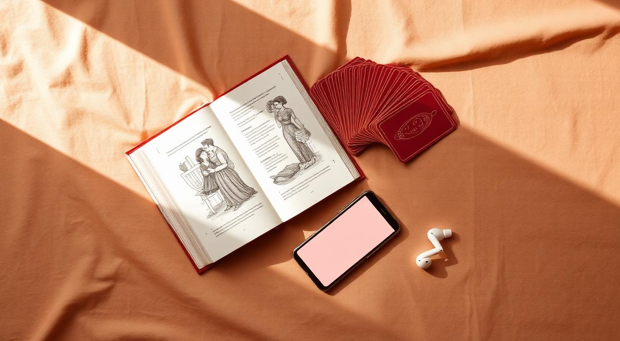 Flat lay éditorial : jeu de cartes rouge, livre illustré, smartphone et écouteurs sur lin beige