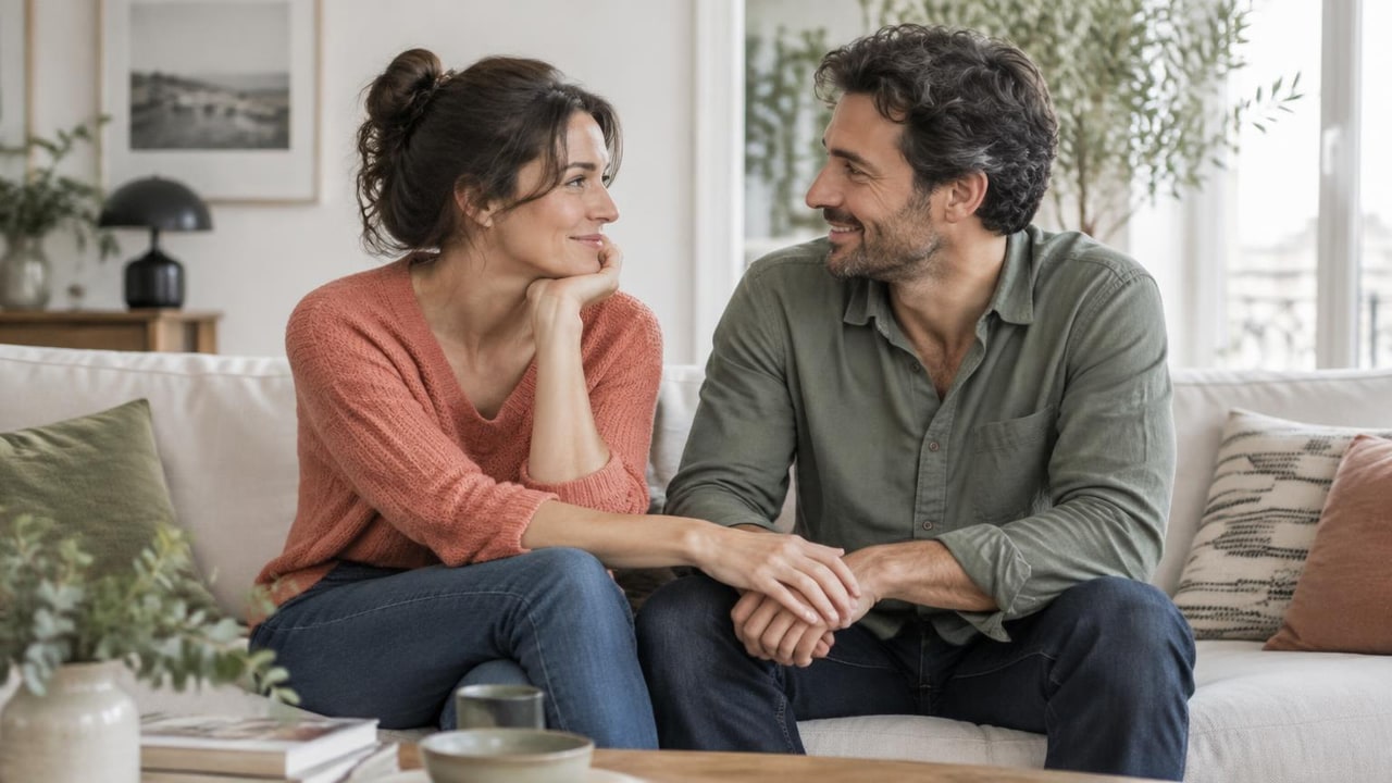 Un couple adulte échange un regard complice sur un canapé, les mains rapprochées, dans une lumière naturelle.