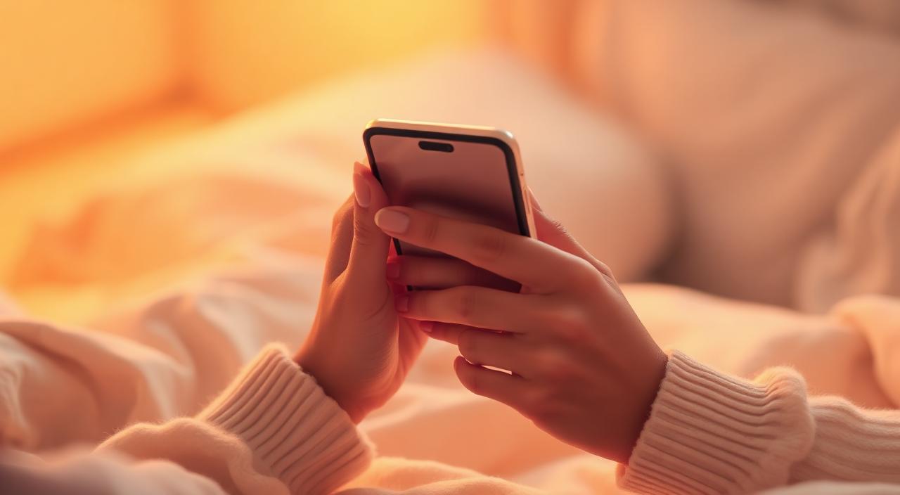 Mains d'une personne tenant un smartphone dans une chambre à la lumière chaude