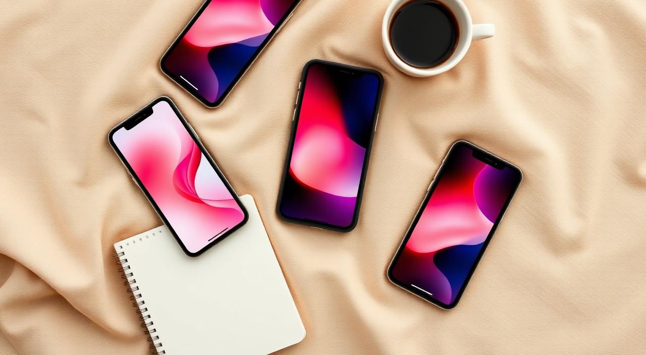Flat lay éditorial de plusieurs smartphones affichant des interfaces d'apps pour couples, sur un lin beige avec carnet et tasse de café