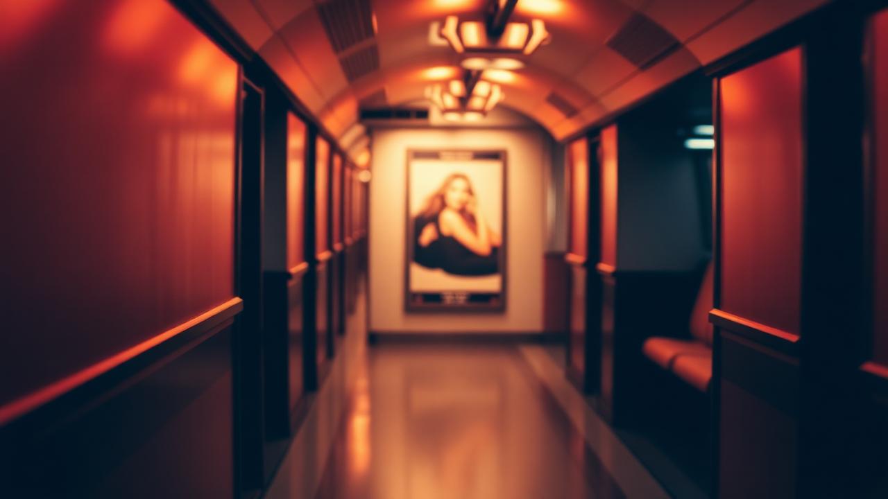 Couloir de métro parisien aux lumières chaudes avec une affiche publicitaire en arrière-plan